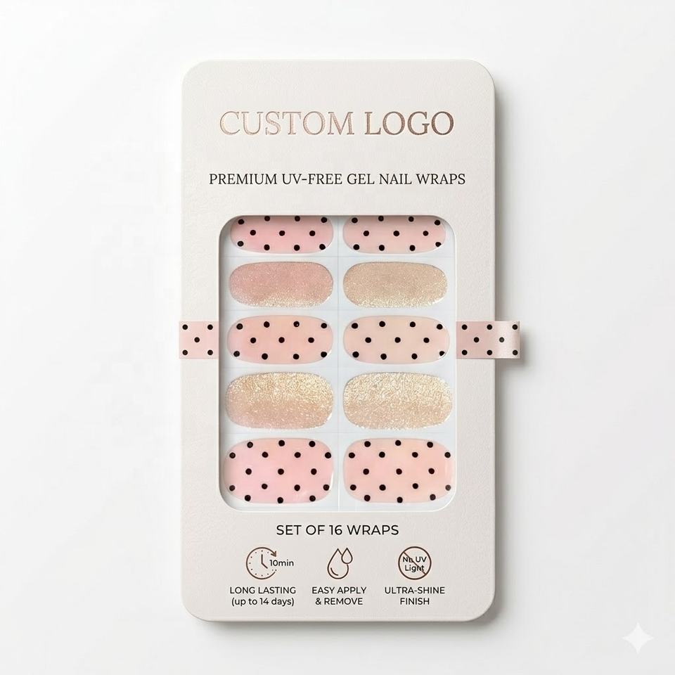 Private Label Champagne Glitter Pink Polka Dot UV-Free Non-Toxic Self-adhesive Eco-Friendly Cruelty-Free Wholesale Nail Wraps