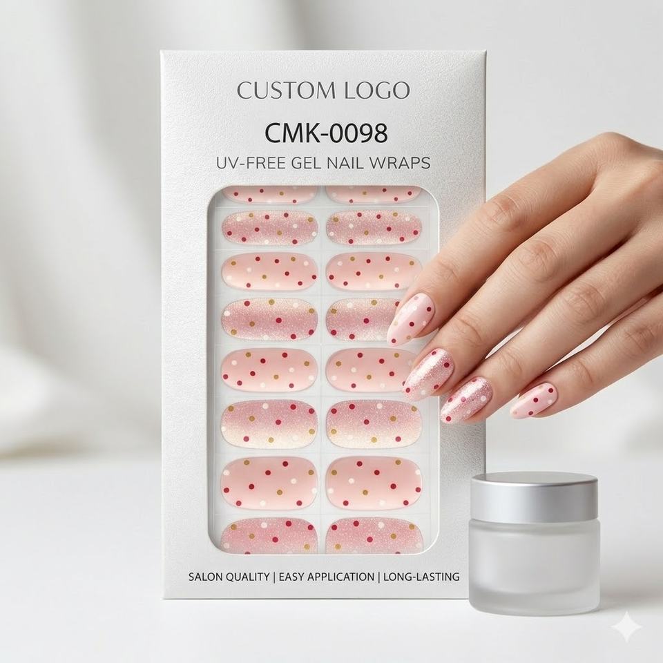 Wholesale Hema-Free Polka Dot Glitter Pink UV-Free Gel Nail Wraps Salon Quality Non-Toxic Eco-Friendly 14-Day Wear