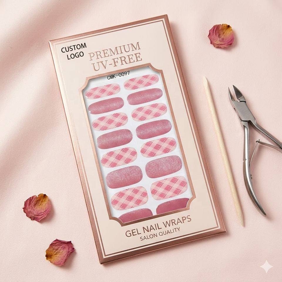 Elegant Rose Pink Plaid Shimmer Glitter UV-Free Self-adhesive Single-Use Gel Nail Wraps Hema-Free Salon Quality Wholesale