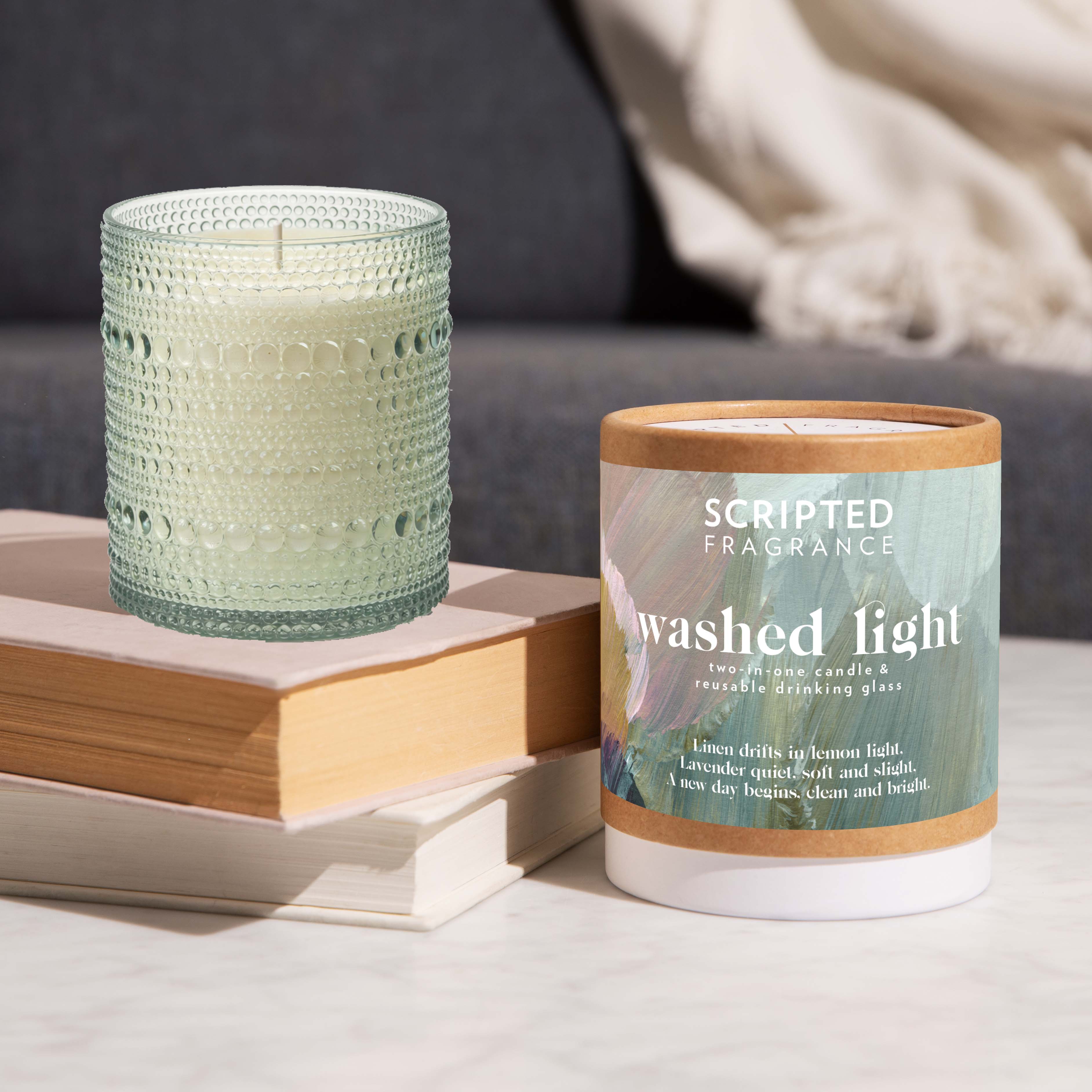Scripted Fragrance Washed Light Soy Candle in Hobnail Drinking Glass | Linen, Lavender & Lemon