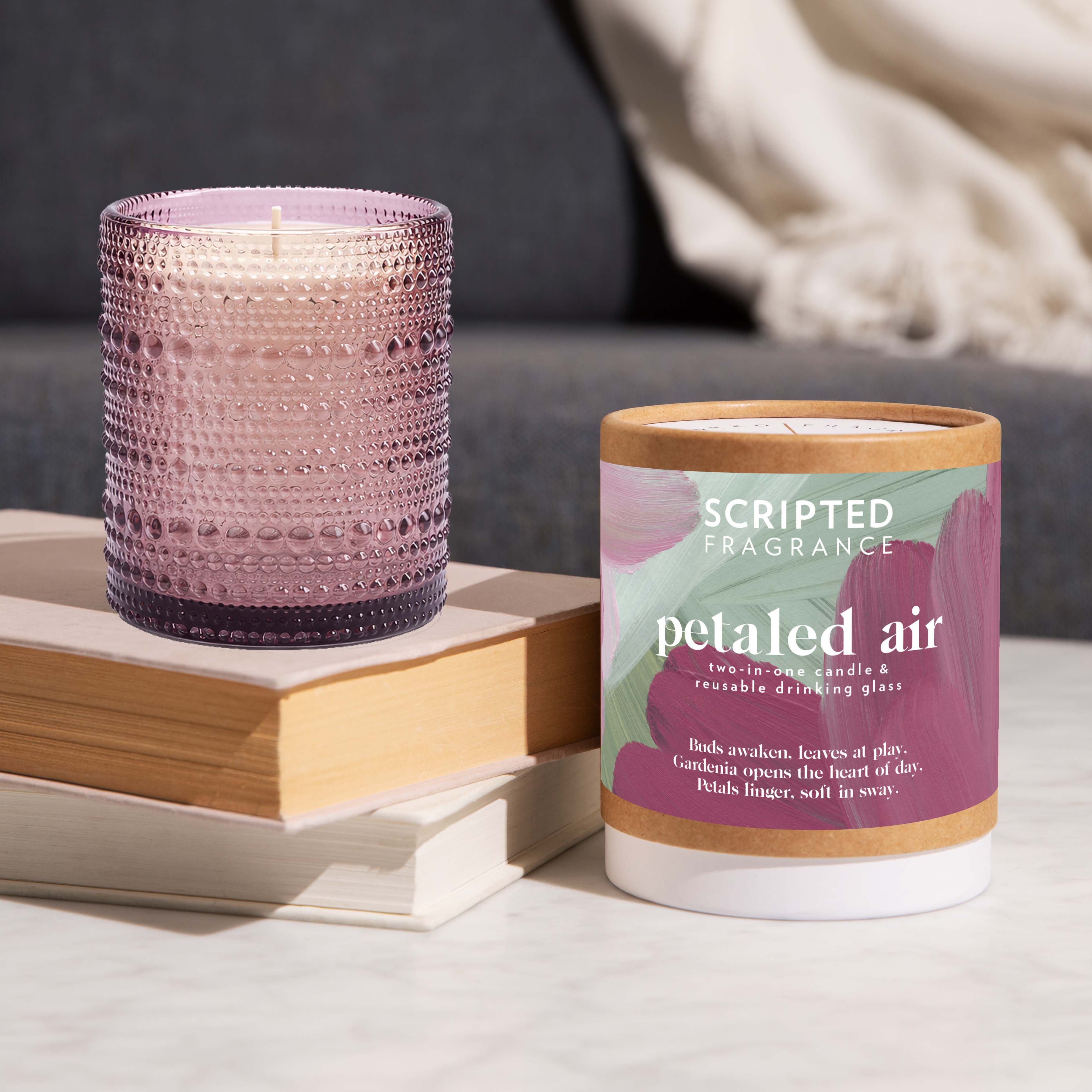 Scripted Fragrance Petaled Air Soy Candle in Hobnail Drinking Glass | Gardenia & Green Leaves