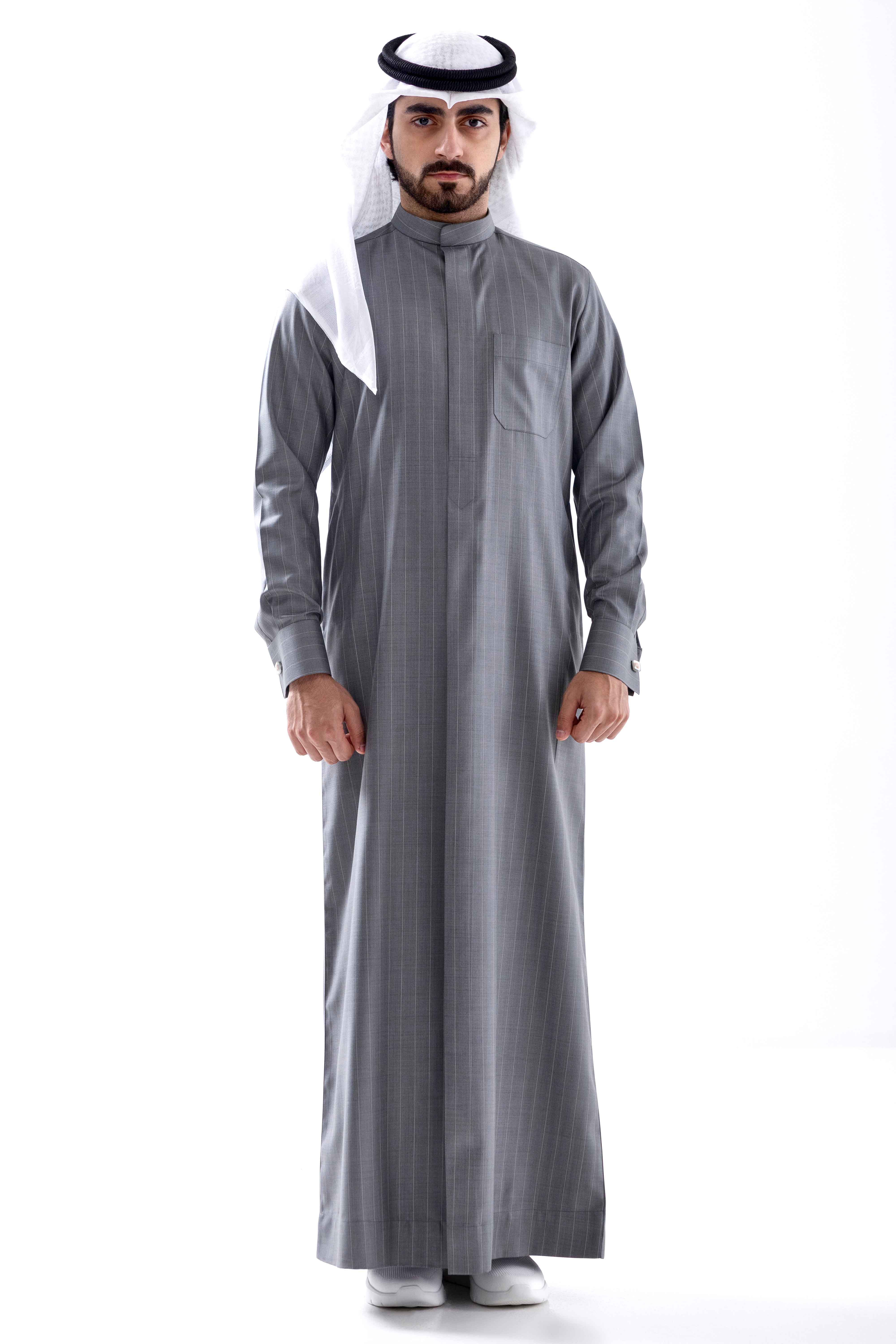 Al Telal Gents Fashion LLC KUWAITI Collar Winter Kandora – Grey Striped (Telal Exclusive)