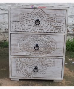 Indian Mango Furniture Wooden Carved 3 Drawers Lamp Bed Side Table
