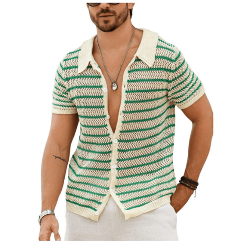 Guangzhou Shangsi Fashion Co., Ltd. Sweater Shirts Men Knitted Short Sleeve Turn-down Collar Button Knit Shirt Mens Summer...