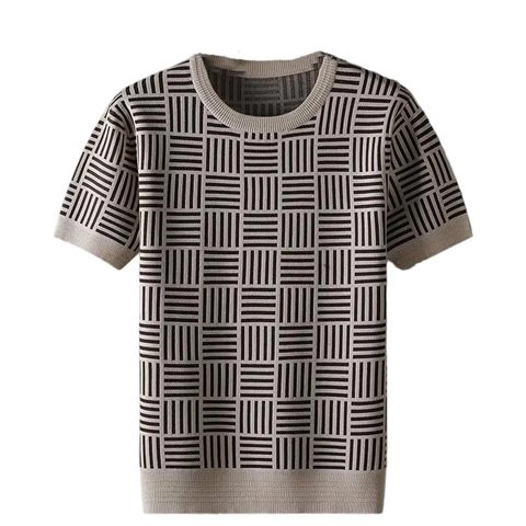 Guangzhou Shangsi Fashion Co., Ltd. Custom Logo Oem Jacquard Geometric Knit Jumper Men's Short Sleeve Knitwear Crew Neck...