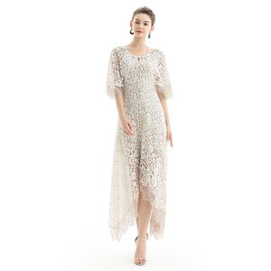 ND078 Fall Asymmetric Long Embroidered Lace Women Evening Office Casual Dress