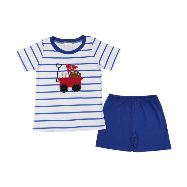 Boys clothes suit short sleeves blue stripe embroidery baseball top shorts boys clothing boutique suit low price clothes