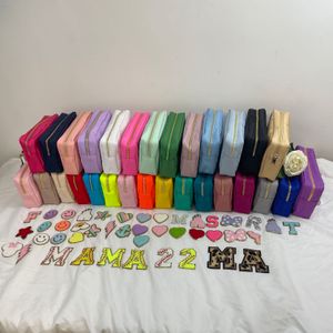 stock Wholesale Personalised Fabric Letter Patches Nylon Zipper Travel Toiletry Cosmetic Bags Nylon Makeup Pouch