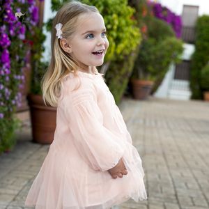 DB1248242 DAVE&BELLA Children's Cute Sweet Princess Dress Spring Baby Girls Fashion Pink Mesh Party Dress