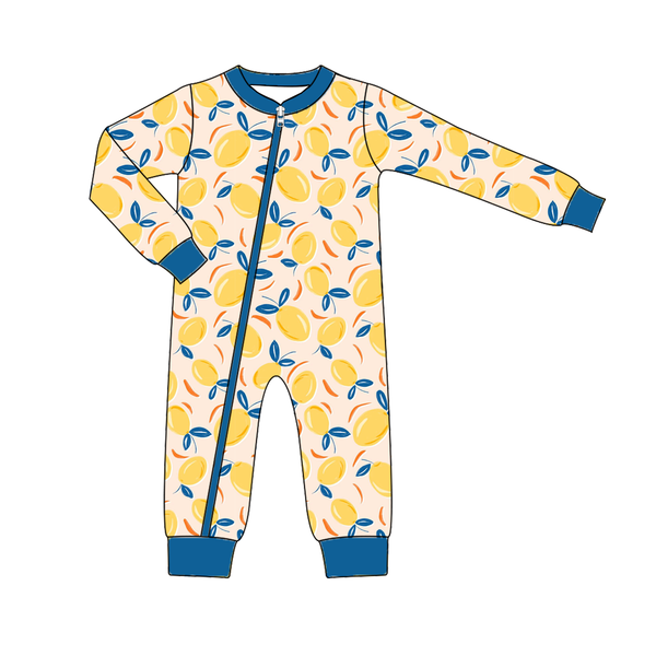 Wholesale children clothing customized boutique bamboo fiber blue lemon print long sleeve romper