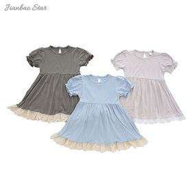 New Design Short sleeve Baby clothing Soft Custom High Quaintly Bamboo Lace Edge Infant Outfit Solid Color Baby DressPopular