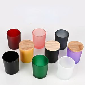 Colorful Wide Mouth Aroma Candle Jars Matte White Empty Clear Frosted Glass Candle Holder With Real Bamboo Wooden Lids