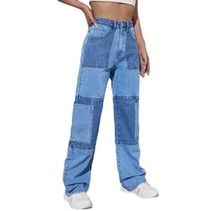 Custom 100% Cotton High Waist Color Block Straight Loose Women Cargo Jeans