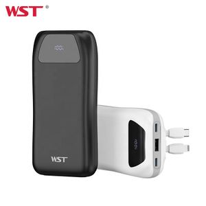 WST High Quality LED Digital Display Power Banks Fast Charging 20000mah Power Bank Built in Cable