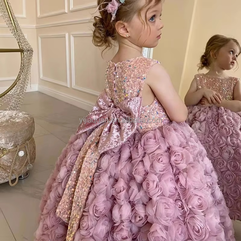 Shanghai Pudong New Area Market Supervision and Administration Bureau New Design Pink Luxurious Bead Sequined Fluffy Train Kids Girl Birthday Party Baby Girl Princess Dress
