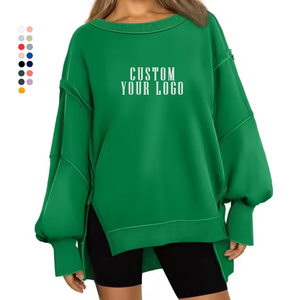 Custom Sweatshirt Women Oversized Heavyweight Pullover Casual Fashion Crew Neck Drop Shoulder Hoodies Side Split Winter Outfits
