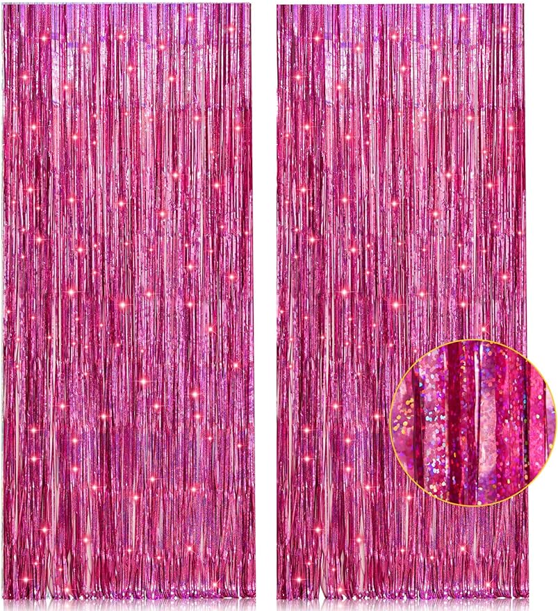 Jinhua Chaihe E-Commerce Co., Ltd. 2 Pack 3.2ft x 8.2ft Pink Metallic Tinsel Foil Fringe Curtains Backdrop for Pink Party Birthday Wedding Bachelorette Baby Shower