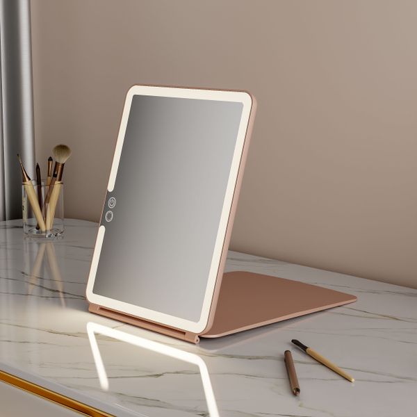 Rose Gold Custom Logo Type C Rechargeable Cosmetic Foldable Travel Make Up Makeup Mirror With Led Light Beauty Mirror