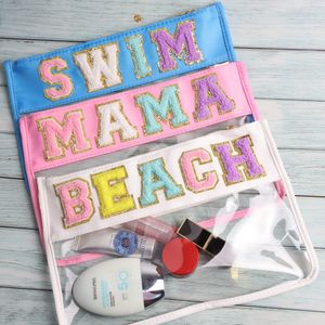 Personalized Waterproof Pvc Zipper Toiletry Bag Transparent Chenille Letter Patches Makeup Organizer Bag Clear Cosmetic Bag