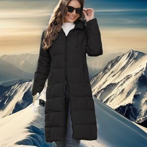 Women's Casual Outdoor Zip-Up Long Winter Puffer Jacket Elegant High Hooded Warm Parka Logo Printed Pattern Polyester