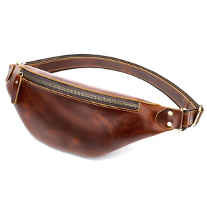 European American Men's Genuine Leather Fanny Pack Fashionable Crossbody Shoulder Bag with Zipper Closure Leisure Chest Bag