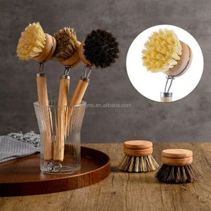 Long Handle Natural Sisal Wooden Dish Scrub Brushes Bristles Kitchen Pot Cleaning Scrubber Tools with Replaceable Head