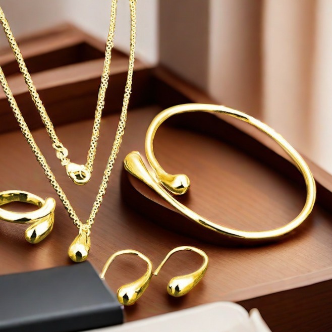 Henan Sol Supply Chain Co., Ltd. 4pcs/set Silver Drop Women Jewelry Set Necklace Earrings Twisted Rings And Bangle Jewelry Sets