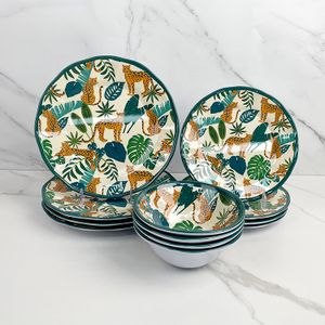Summer Style creative leopard banana leaf design 12pcs melamine dinnerware set for camping family dining plate platter bowl sets