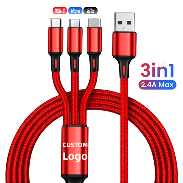 3 in 1 USB Cable 1.2M 2A Nylon Braided Fast Charging Phone Cable for IOS/Type-C/Micro Three Port Triple 3 in 1 USB Charger Cable