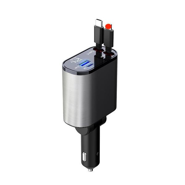 120W Retractable Car Charger,4 in 1 Super Fast Charge Car Phone Charger,2 USB Ports Car Charger Adapter With LED Display