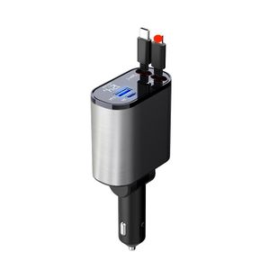 120W Retractable Car Charger,4 in 1 Super Fast Charge Car Phone Charger,2 USB Ports Car Charger Adapter With LED Display