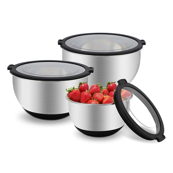 Kitchen Metal Salad Mixing Bowls Set of 3 Sevring Bowl 16 20 24 cm 3QT 5QT Stainless Steel Mixing Bowl With Lid