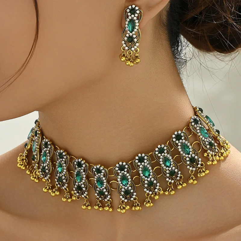 Gufams LLC Vintage Jewelry Set Ethnic Inlaid Crystal Stone Match Daily Outfits Party Accessories Women's Necklace Earrings Sets Jewelry