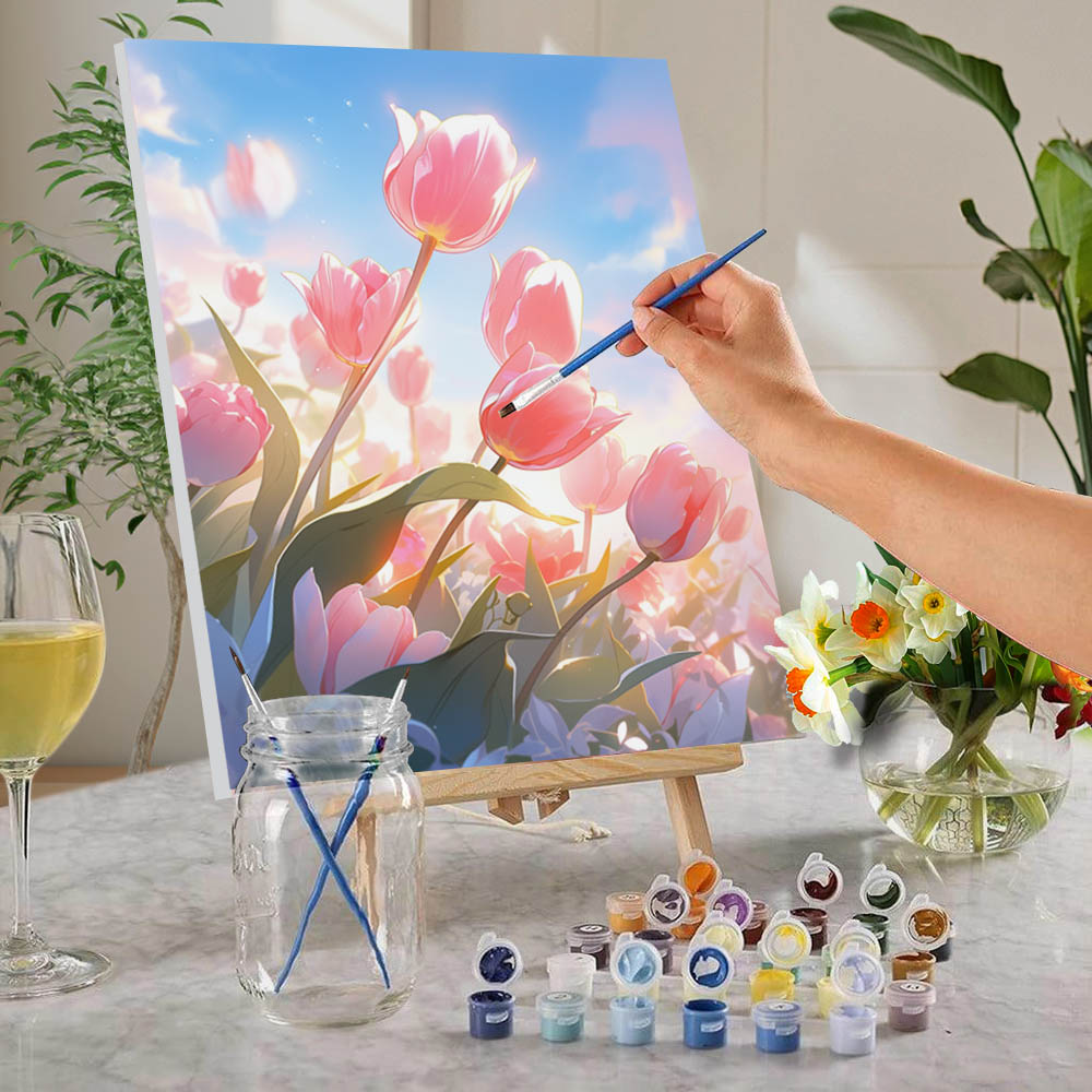 Dongguan Hengtai Hanjing Crafts Co., Ltd. 1pc painted according to numbers, DIY pigment painted according to numbers for decoration, tulip flower frameless painting