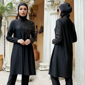 Women Muslim Swimsuit Swimwear Burkini Whole Black Long Sleeve With Scarf Hair Hood