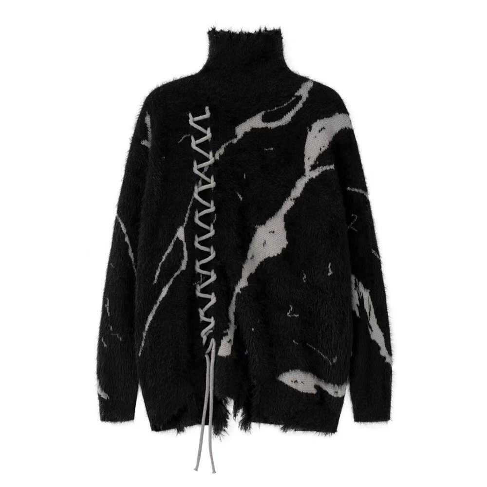 Dongguan Humen Xinhongxing Electrical Appliance Firm Tear damage lace-up turtleneck winter trend high street jacquard knit loose pullover sweater for men
