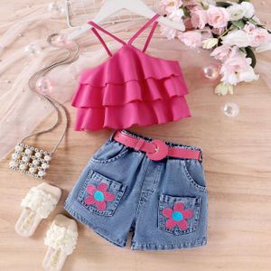 Hot Sale Summer Girls Outfits For Kids With Halters And Flower-printed Shorts With Belts Energetic Cool Children Clothes