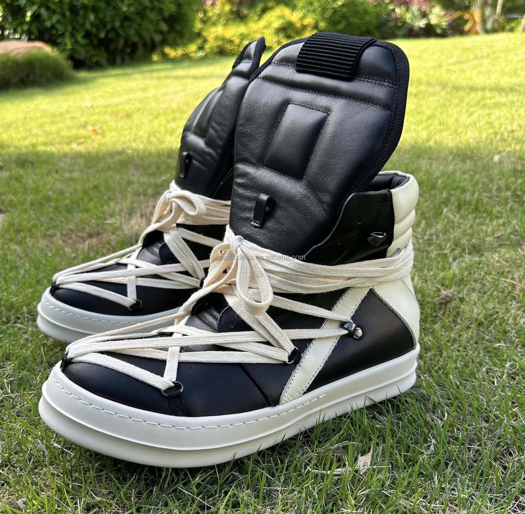 Top Quality Trendy Men Zip Shoes Genuine Cow Leather Lace Up Hiking Boots Women's Black Leather Extra Laces High-top Sneakers