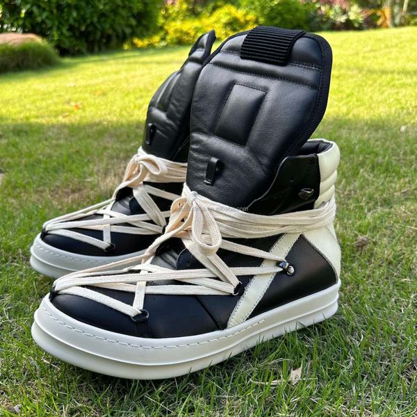 Top Quality Trendy Men Zip Shoes Genuine Cow Leather Lace Up Hiking Boots Women's Black Leather Extra Laces High-top Sneakers