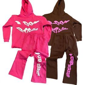 Custom Cotton Raw Hem Hoodies And Flared Stacked Sweatpants Two Piece Tracksuit Set 3D Puff Print Street Wear