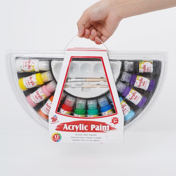 Wholesale Educational Paints 12pcs one OZ each Arylic Paint Kits Painting set  in plastic box for Kids Children Artists