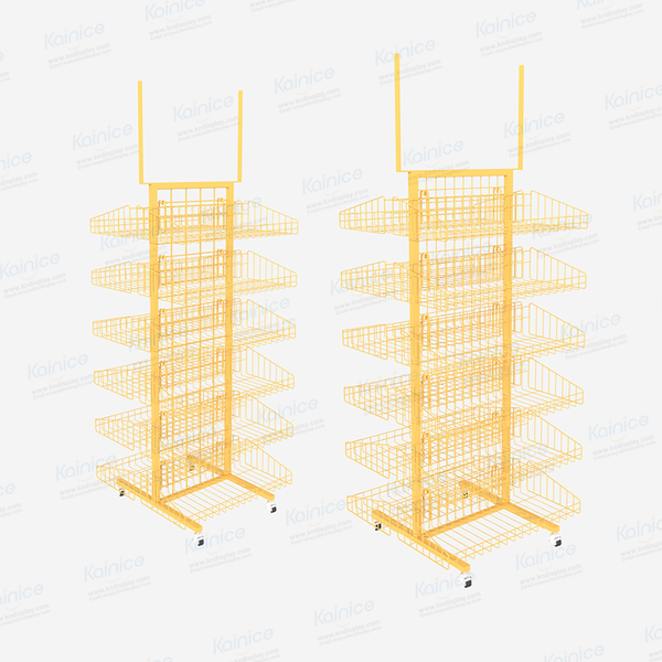 Kainan wall mounted commercial grid panel basket metal wire mesh potato chips pallet bulk candy display stand shelf storage rack