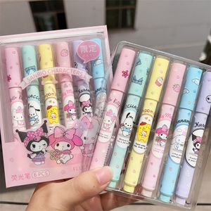 6pcs School Children Write Supplies large-capacity Cartoon Sanrio Cute Melody Kuromi pastel Highlighter Marker Pen set