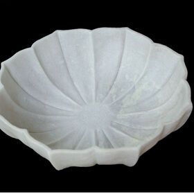 Makrana White Marble Ripple Fluted Flower Decorative Fruit Bowl Pot Platter Urli Wavy Curly Design Round Large Size Carving