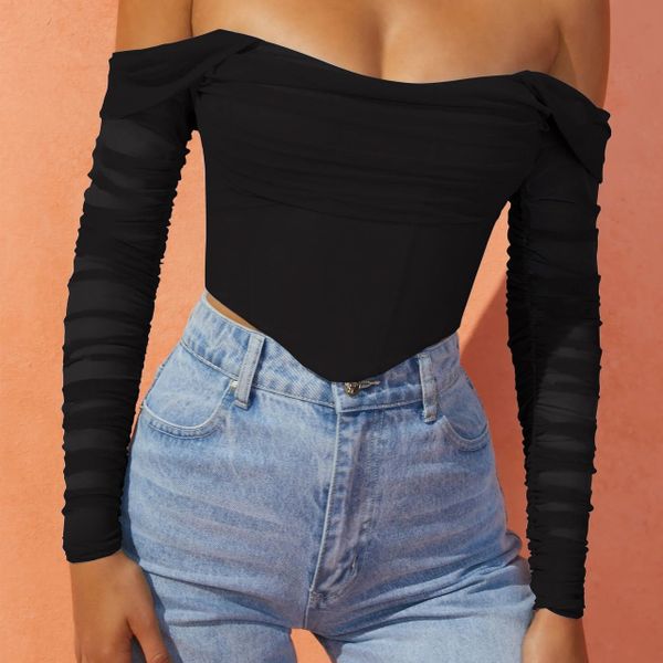 Wholesale 2024 Spring Mesh Fishbone Perspective One Line Collar Exposed Navel Short Long Sleeved Women's T-shirt