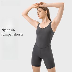 2024 Whole Sales Women Nylon 66 Built in Sexy Back Jumper Shorts Breathable Four Way Stretch Jumpsuits Plus Size Sports Wear