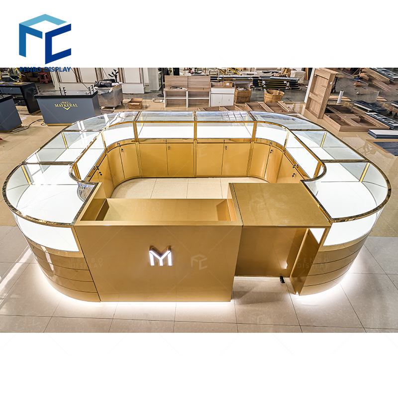 USA Penbo Design LLC USA Local Luxury Gold Jewelry and Perfume Kiosk Design Customized round Display Counter for Store Mall Use Made of MDF Glass