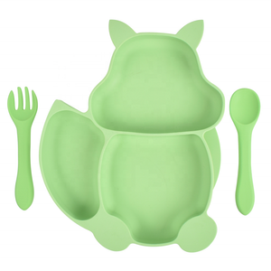 BPA Free Microwave Dishwasher Safe Divided Plate Squirrel Animal Children Kids Suction Silicone Baby Plate With Spoon and Fork