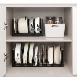 Kitchen Retractable Sliding Pot Pan Storage Rack Metal Pot Organizer Holder with Wood Handle Cabinet Dish Plate Storage Shelf