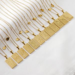 Women's Rectangle Tarot Twelve Zodiac Design Pendant Necklace Stainless Steel 18k Gold Plated Fashion Jewelry Necklace for Women